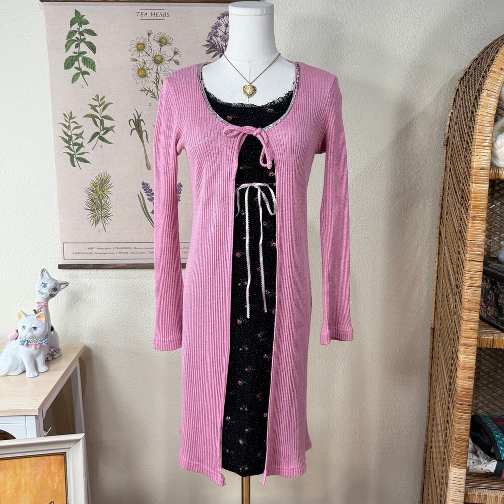 90s Y2k Pink Metallic Ribbed Long Cardigan Sweater Coquette Dolly Himekaji XS S
